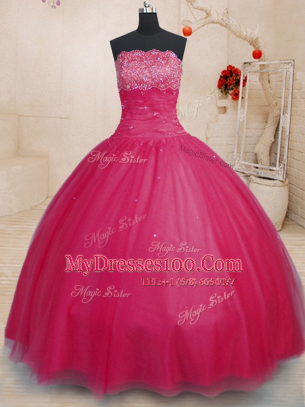 Coral Red Tulle Lace Up Off The Shoulder Sleeveless Floor Length Quince Ball Gowns Beading