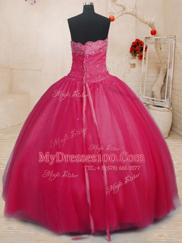 Coral Red Tulle Lace Up Off The Shoulder Sleeveless Floor Length Quince Ball Gowns Beading