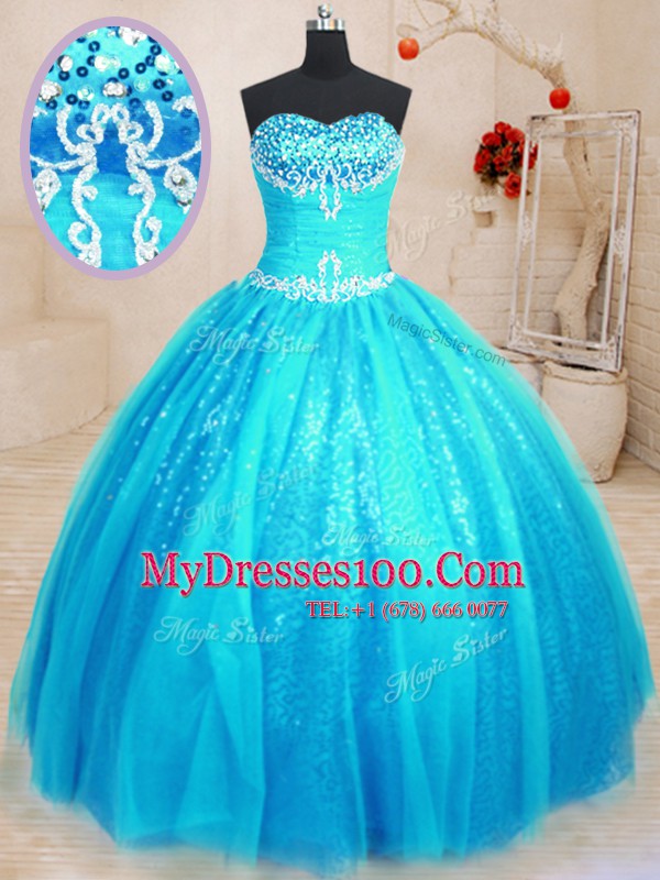 Floor Length Baby Blue Sweet 16 Quinceanera Dress Tulle and Sequined Sleeveless Beading and Appliques