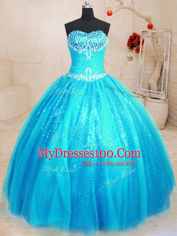 Floor Length Baby Blue Sweet 16 Quinceanera Dress Tulle and Sequined Sleeveless Beading and Appliques