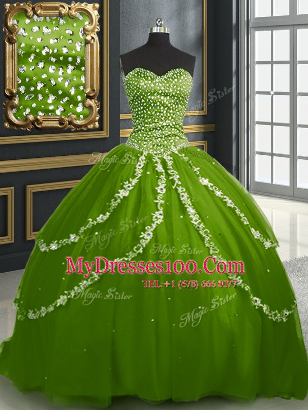 High Class Olive Green Lace Up Sweetheart Beading and Appliques Sweet 16 Dress Tulle Sleeveless Brush Train