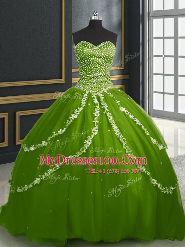 High Class Olive Green Lace Up Sweetheart Beading and Appliques Sweet 16 Dress Tulle Sleeveless Brush Train