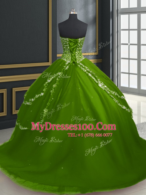 High Class Olive Green Lace Up Sweetheart Beading and Appliques Sweet 16 Dress Tulle Sleeveless Brush Train