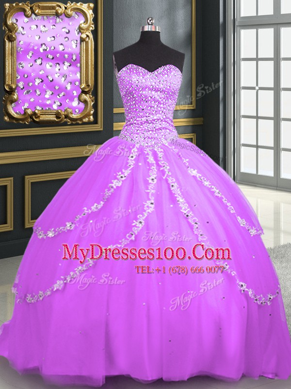 Lilac Ball Gowns Tulle Sweetheart Sleeveless Beading and Appliques With Train Lace Up Sweet 16 Quinceanera Dress Brush Train