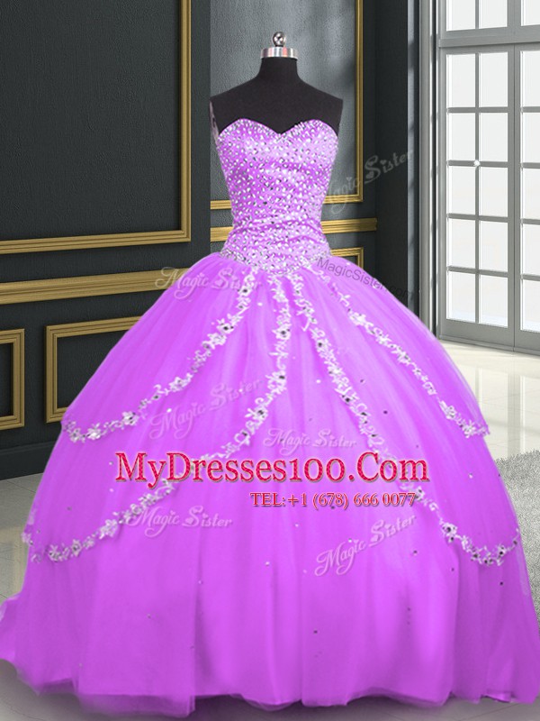 Lilac Ball Gowns Tulle Sweetheart Sleeveless Beading and Appliques With Train Lace Up Sweet 16 Quinceanera Dress Brush Train