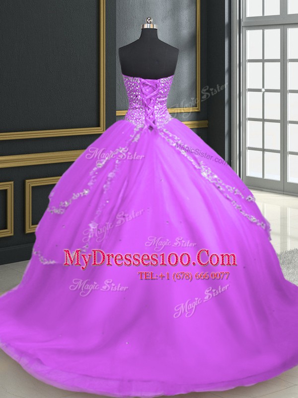 Lilac Ball Gowns Tulle Sweetheart Sleeveless Beading and Appliques With Train Lace Up Sweet 16 Quinceanera Dress Brush Train