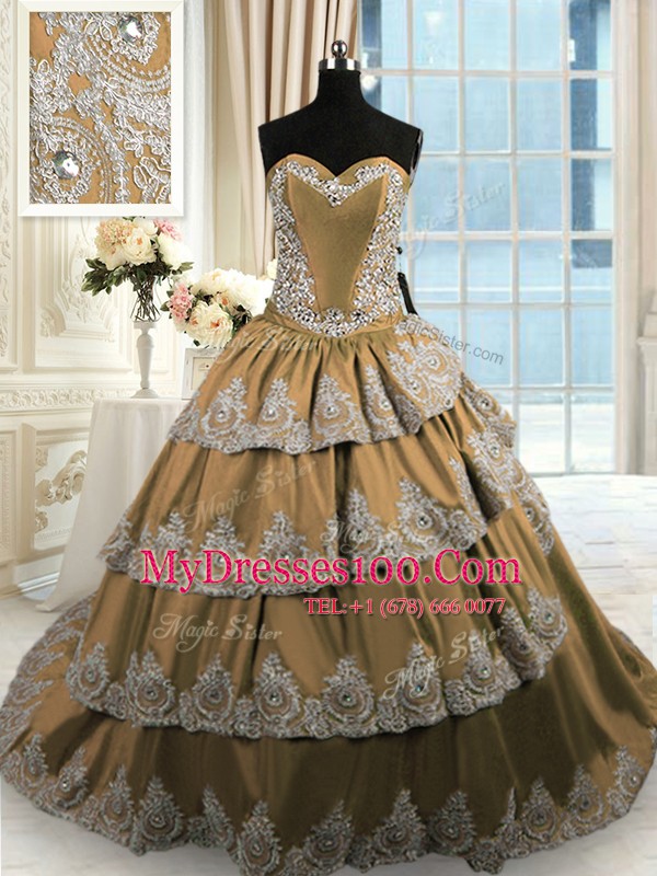 Inexpensive With Train Lace Up Sweet 16 Quinceanera Dress Brown for Military Ball and Sweet 16 and Quinceanera with Beading and Appliques and Ruffled Layers Court Train