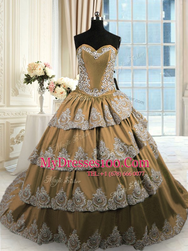 Inexpensive With Train Lace Up Sweet 16 Quinceanera Dress Brown for Military Ball and Sweet 16 and Quinceanera with Beading and Appliques and Ruffled Layers Court Train