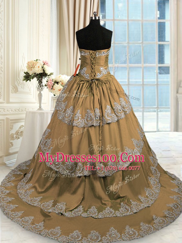 Inexpensive With Train Lace Up Sweet 16 Quinceanera Dress Brown for Military Ball and Sweet 16 and Quinceanera with Beading and Appliques and Ruffled Layers Court Train