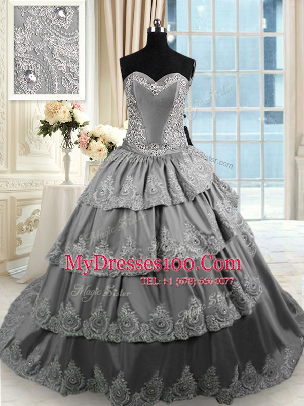 Traditional Grey Lace Up Sweetheart Beading and Appliques and Ruffled Layers 15 Quinceanera Dress Taffeta Sleeveless Court Train