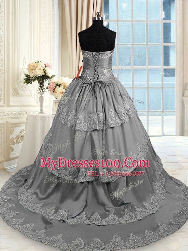 Traditional Grey Lace Up Sweetheart Beading and Appliques and Ruffled Layers 15 Quinceanera Dress Taffeta Sleeveless Court Train