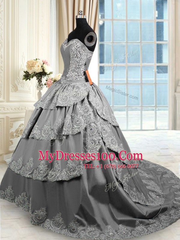 Traditional Grey Lace Up Sweetheart Beading and Appliques and Ruffled Layers 15 Quinceanera Dress Taffeta Sleeveless Court Train
