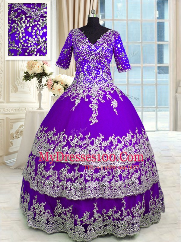 Best Ruffled Ball Gowns 15th Birthday Dress Purple V-neck Tulle Half Sleeves Floor Length Zipper