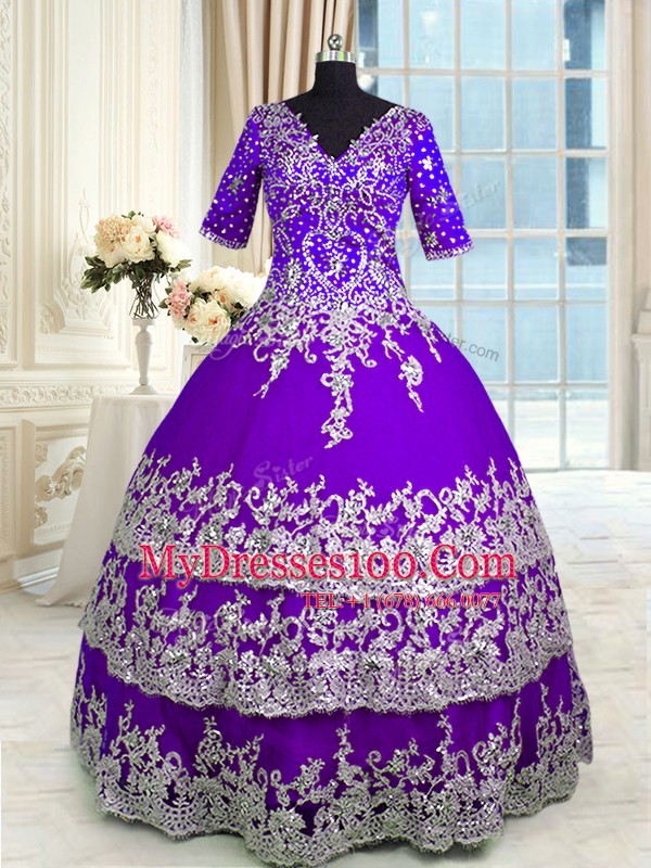 Best Ruffled Ball Gowns 15th Birthday Dress Purple V-neck Tulle Half Sleeves Floor Length Zipper