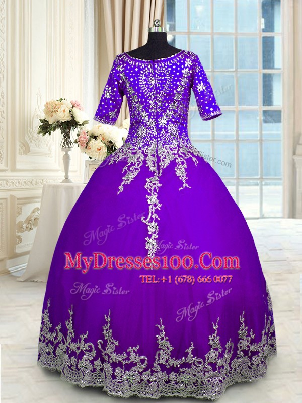 Best Ruffled Ball Gowns 15th Birthday Dress Purple V-neck Tulle Half Sleeves Floor Length Zipper