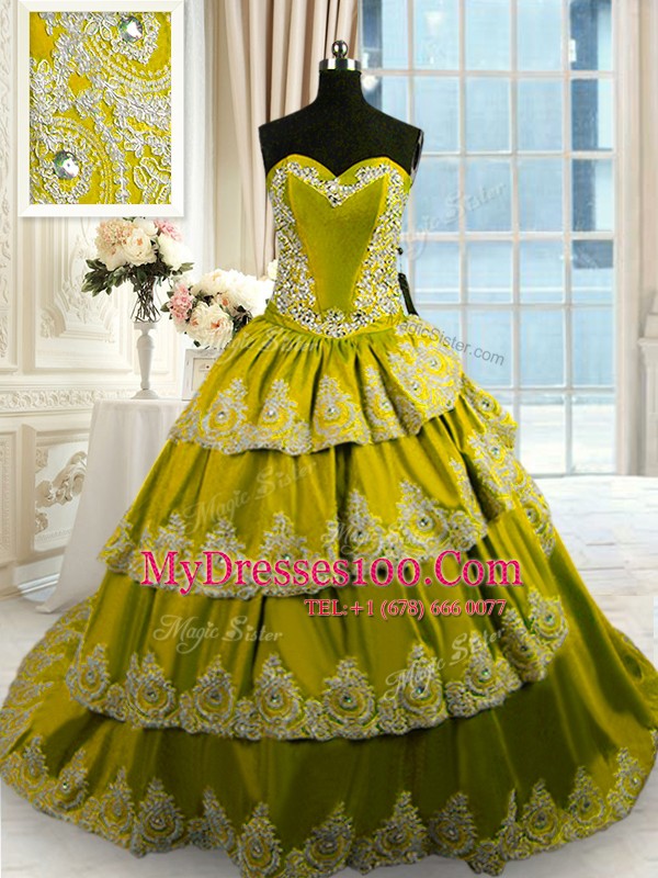 Nice Taffeta Sleeveless With Train Quince Ball Gowns Court Train and Beading and Appliques and Ruffled Layers