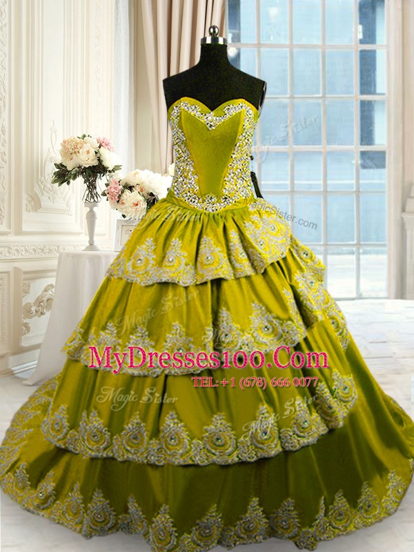 Nice Taffeta Sleeveless With Train Quince Ball Gowns Court Train and Beading and Appliques and Ruffled Layers