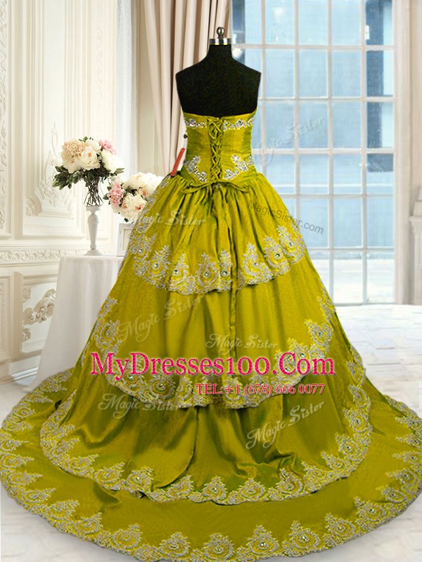 Nice Taffeta Sleeveless With Train Quince Ball Gowns Court Train and Beading and Appliques and Ruffled Layers