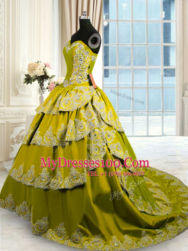 Nice Taffeta Sleeveless With Train Quince Ball Gowns Court Train and Beading and Appliques and Ruffled Layers