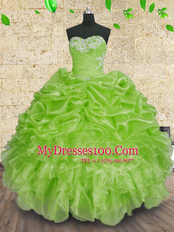 Custom Fit Ball Gowns Beading and Appliques and Ruffles and Ruching Vestidos de Quinceanera Lace Up Organza Sleeveless Floor Length