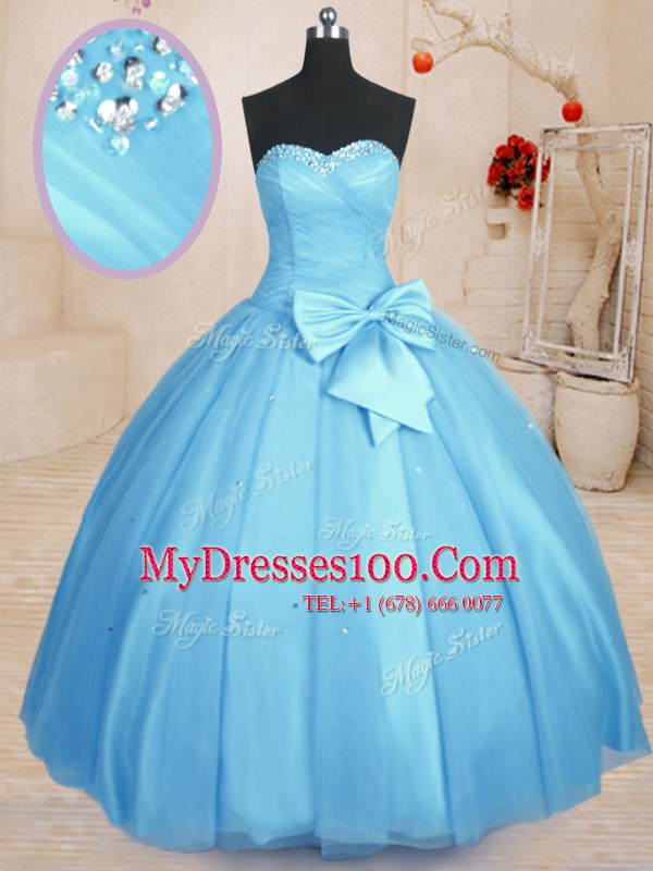 Baby Blue Tulle Lace Up Sweetheart Sleeveless Floor Length 15th Birthday Dress Beading and Bowknot