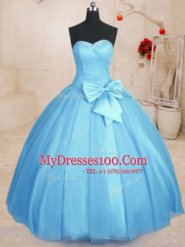 Baby Blue Tulle Lace Up Sweetheart Sleeveless Floor Length 15th Birthday Dress Beading and Bowknot