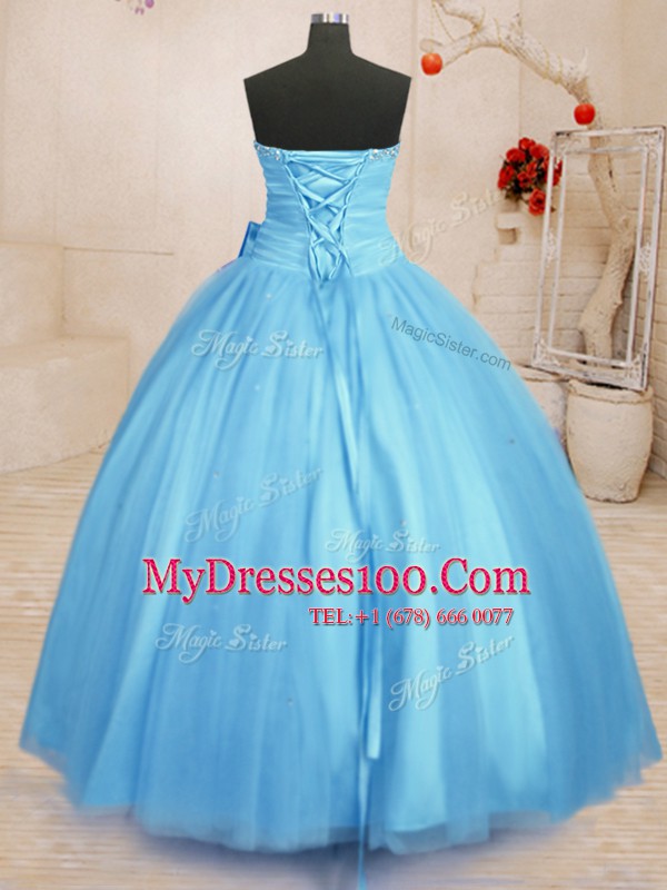 Baby Blue Tulle Lace Up Sweetheart Sleeveless Floor Length 15th Birthday Dress Beading and Bowknot
