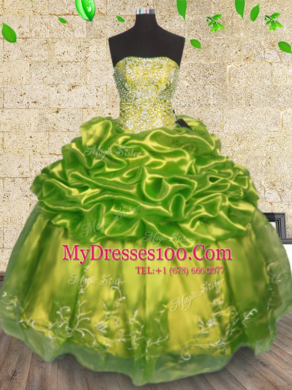 Sleeveless Organza Floor Length Lace Up Quinceanera Gown in Olive Green with Beading and Embroidery