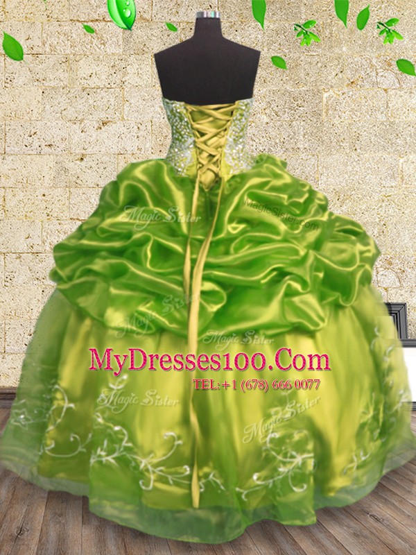 Sleeveless Organza Floor Length Lace Up Quinceanera Gown in Olive Green with Beading and Embroidery
