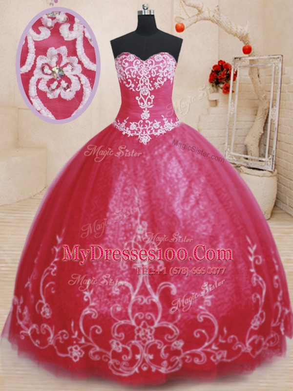 Affordable Red Ball Gowns Tulle Sweetheart Sleeveless Beading and Embroidery Floor Length Lace Up Sweet 16 Dresses