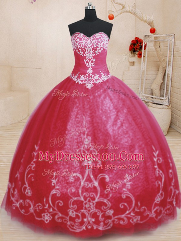 Affordable Red Ball Gowns Tulle Sweetheart Sleeveless Beading and Embroidery Floor Length Lace Up Sweet 16 Dresses