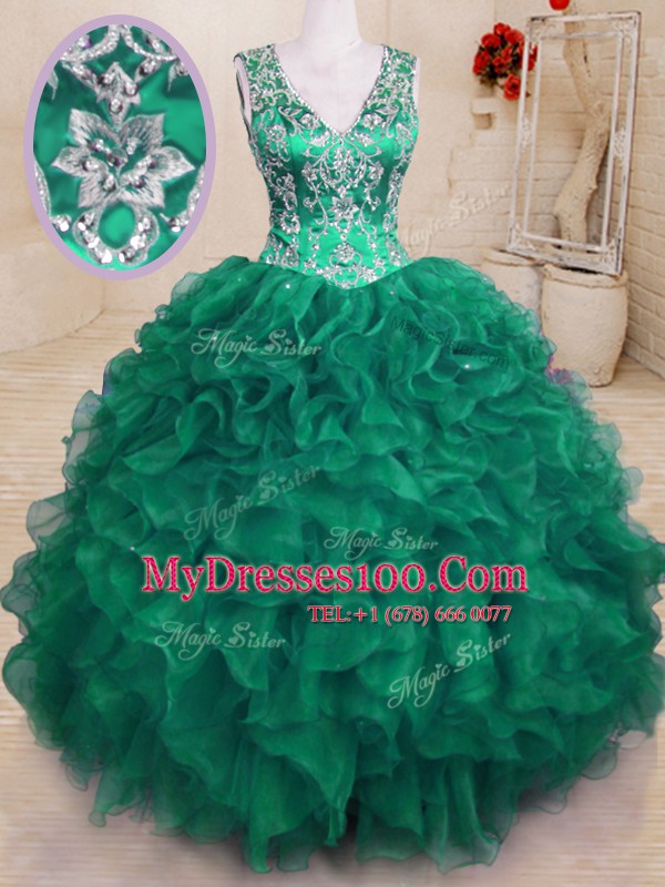 Trendy Organza Sleeveless Floor Length Sweet 16 Quinceanera Dress and Beading and Embroidery and Ruffles