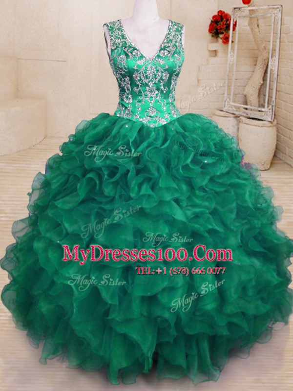 Trendy Organza Sleeveless Floor Length Sweet 16 Quinceanera Dress and Beading and Embroidery and Ruffles