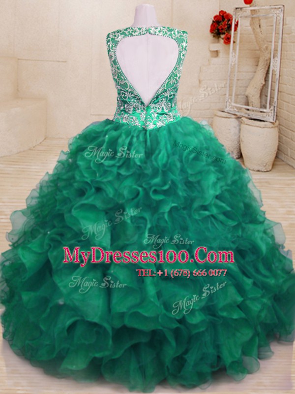 Trendy Organza Sleeveless Floor Length Sweet 16 Quinceanera Dress and Beading and Embroidery and Ruffles