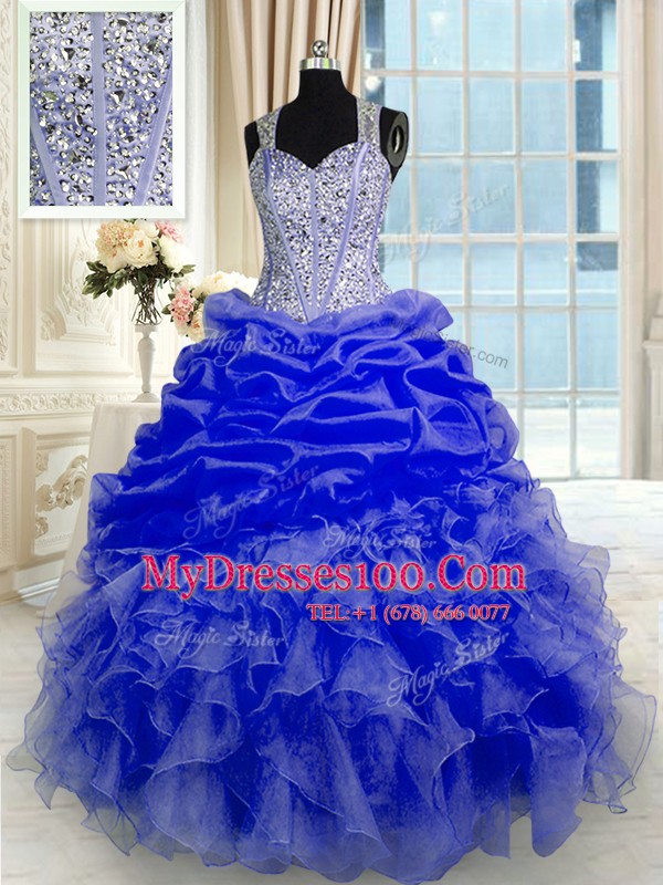 Floor Length Blue Quinceanera Gown Straps Sleeveless Zipper
