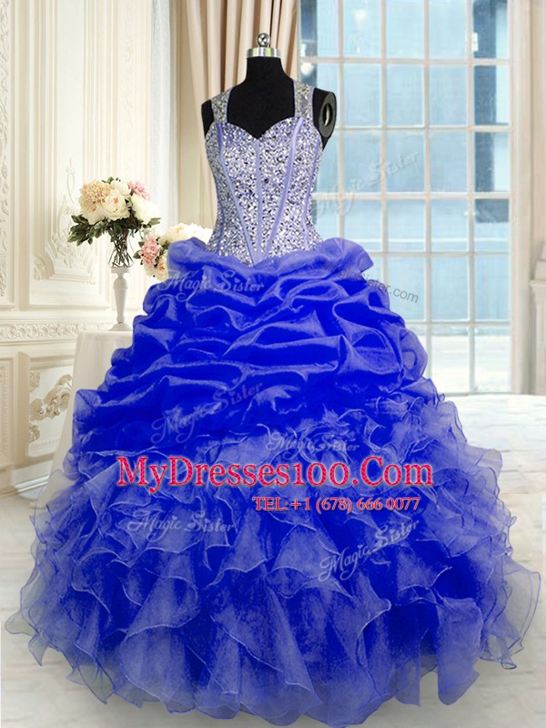 Floor Length Blue Quinceanera Gown Straps Sleeveless Zipper