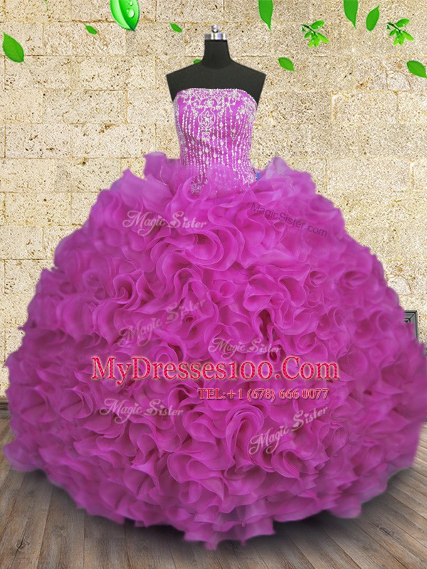 Beading and Ruffles Sweet 16 Dresses Fuchsia Lace Up Sleeveless Floor Length