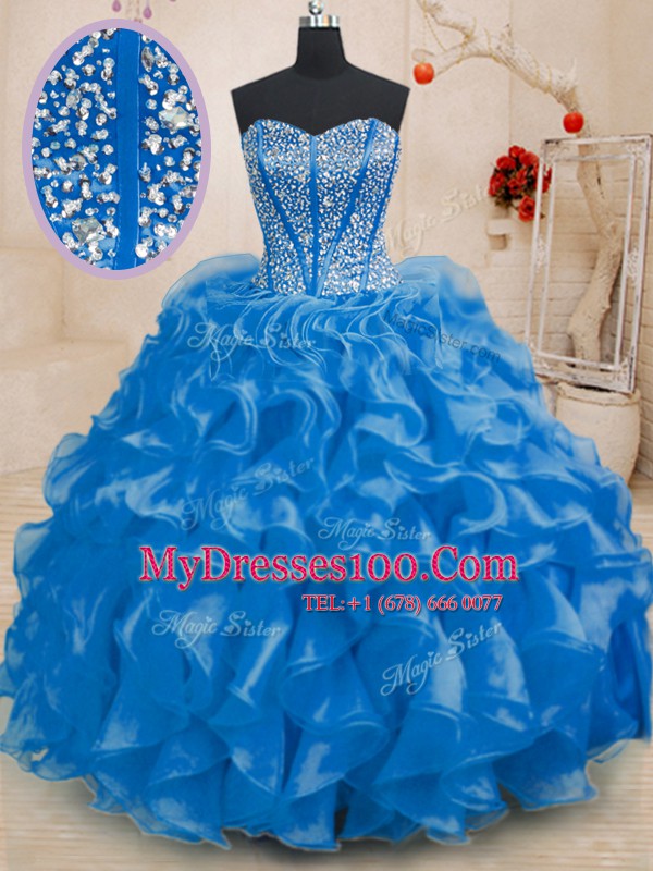 Beading and Ruffles Ball Gown Prom Dress Royal Blue Lace Up Sleeveless Floor Length
