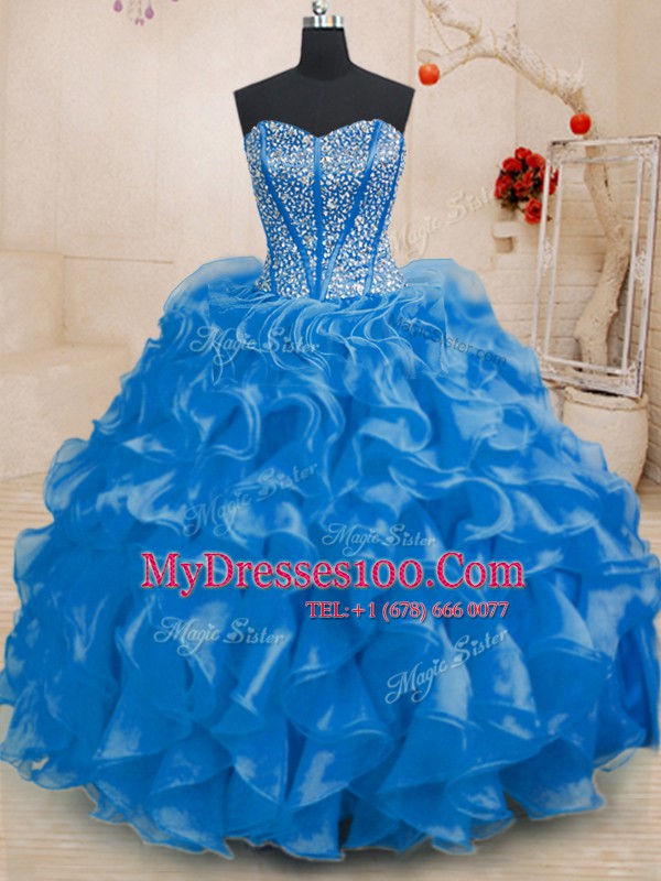 Beading and Ruffles Ball Gown Prom Dress Royal Blue Lace Up Sleeveless Floor Length