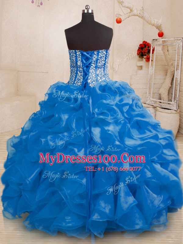 Beading and Ruffles Ball Gown Prom Dress Royal Blue Lace Up Sleeveless Floor Length