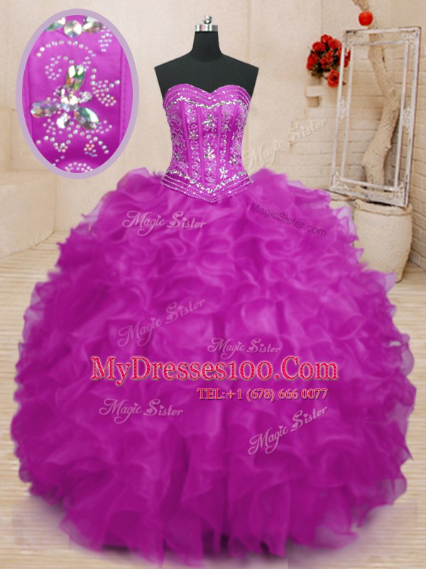 Simple Fuchsia Organza Lace Up Sweet 16 Quinceanera Dress Sleeveless Floor Length Beading and Ruffles