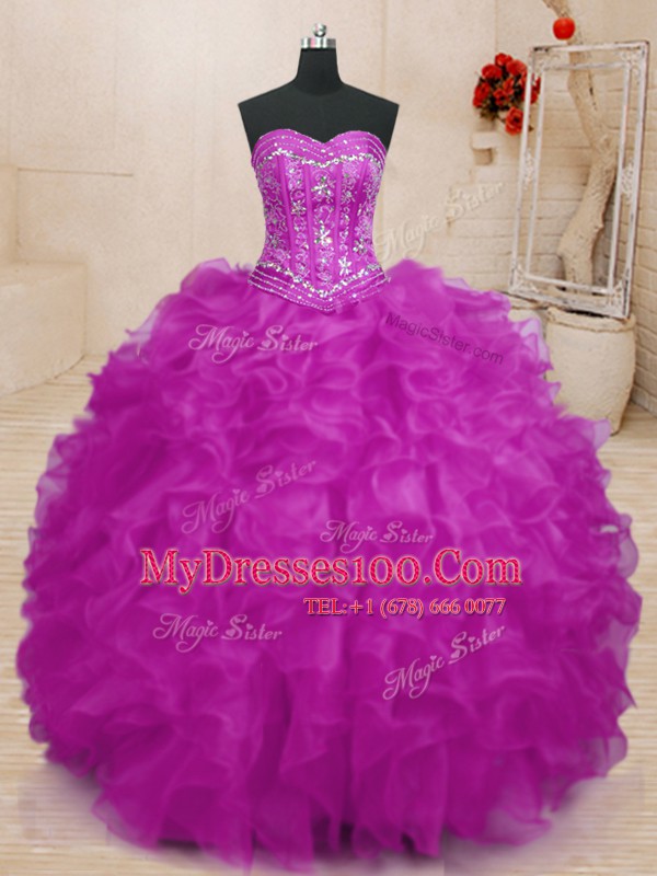 Simple Fuchsia Organza Lace Up Sweet 16 Quinceanera Dress Sleeveless Floor Length Beading and Ruffles