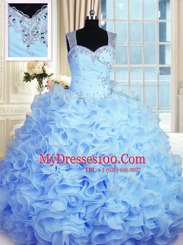 Smart Baby Blue Ball Gowns Organza Straps Sleeveless Beading and Ruffles Floor Length Zipper Sweet 16 Dress
