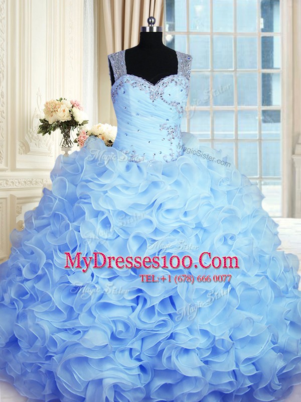 Smart Baby Blue Ball Gowns Organza Straps Sleeveless Beading and Ruffles Floor Length Zipper Sweet 16 Dress