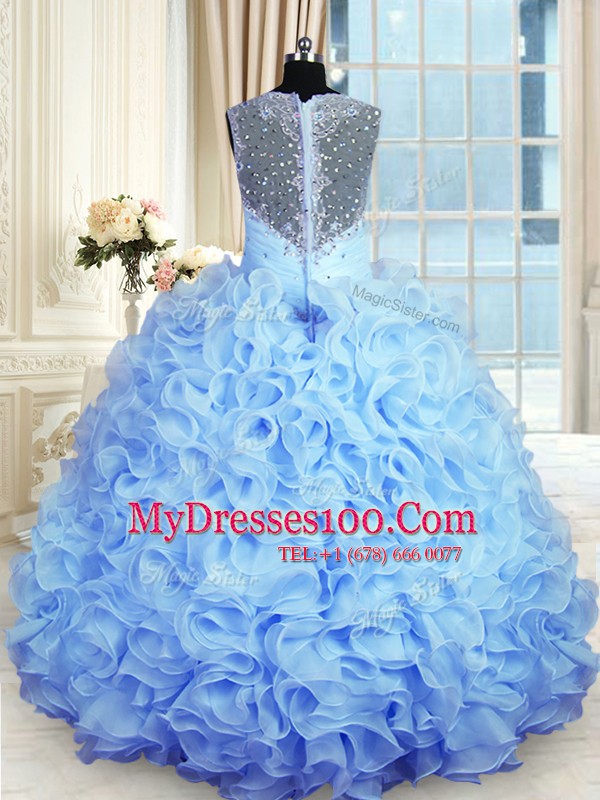 Smart Baby Blue Ball Gowns Organza Straps Sleeveless Beading and Ruffles Floor Length Zipper Sweet 16 Dress