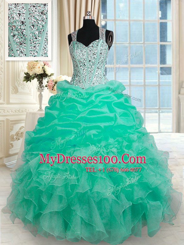 Inexpensive Turquoise Zipper Quinceanera Gown Beading and Ruffles Sleeveless Floor Length