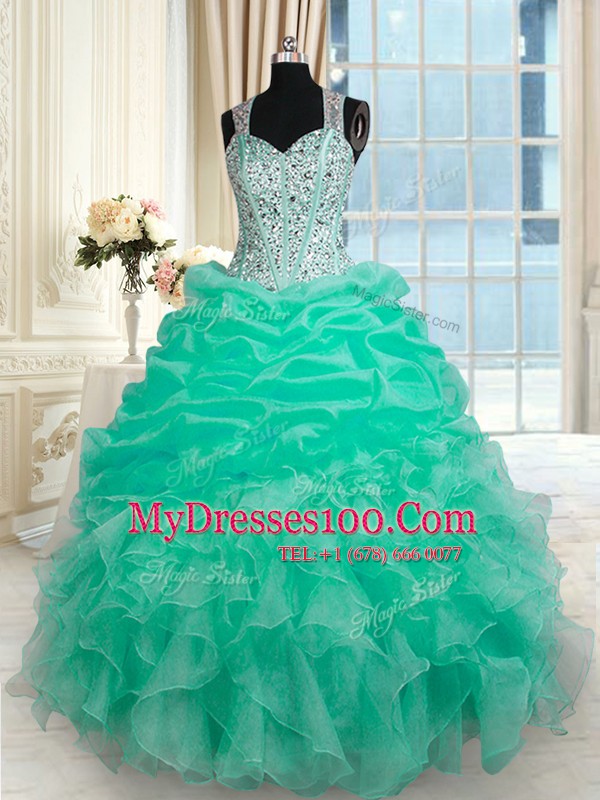 Inexpensive Turquoise Zipper Quinceanera Gown Beading and Ruffles Sleeveless Floor Length