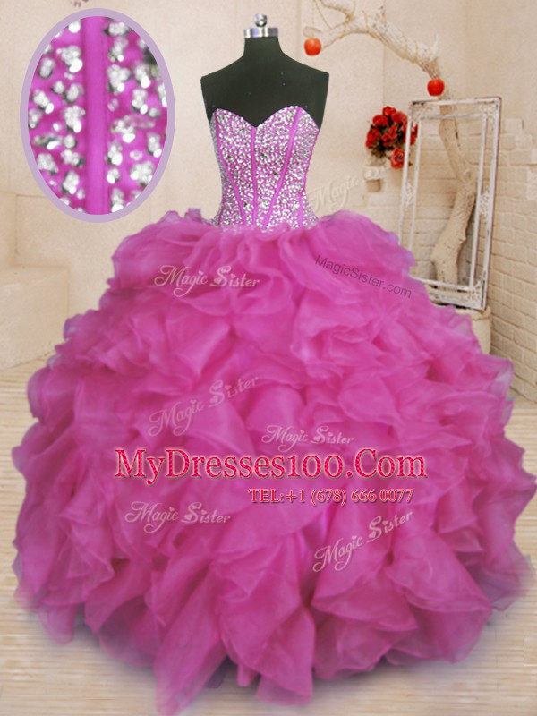 Fuchsia Ball Gowns Sweetheart Sleeveless Organza Floor Length Lace Up Beading and Ruffles 15 Quinceanera Dress