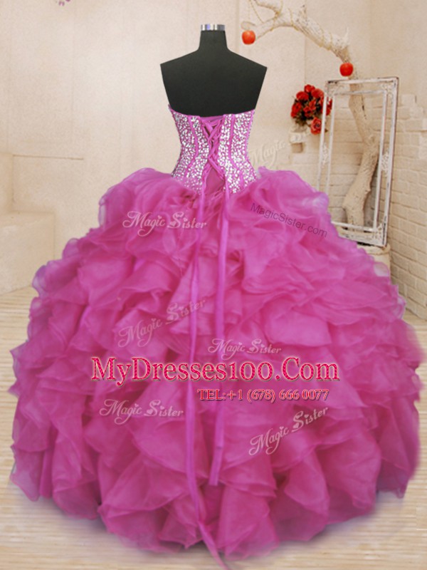 Fuchsia Ball Gowns Sweetheart Sleeveless Organza Floor Length Lace Up Beading and Ruffles 15 Quinceanera Dress