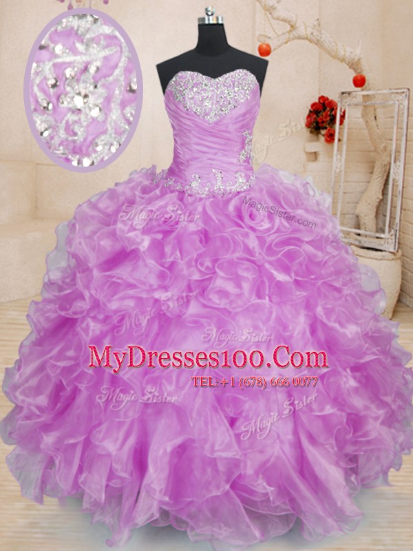 New Style Lilac Lace Up Sweetheart Beading and Ruffles Sweet 16 Quinceanera Dress Organza Sleeveless
